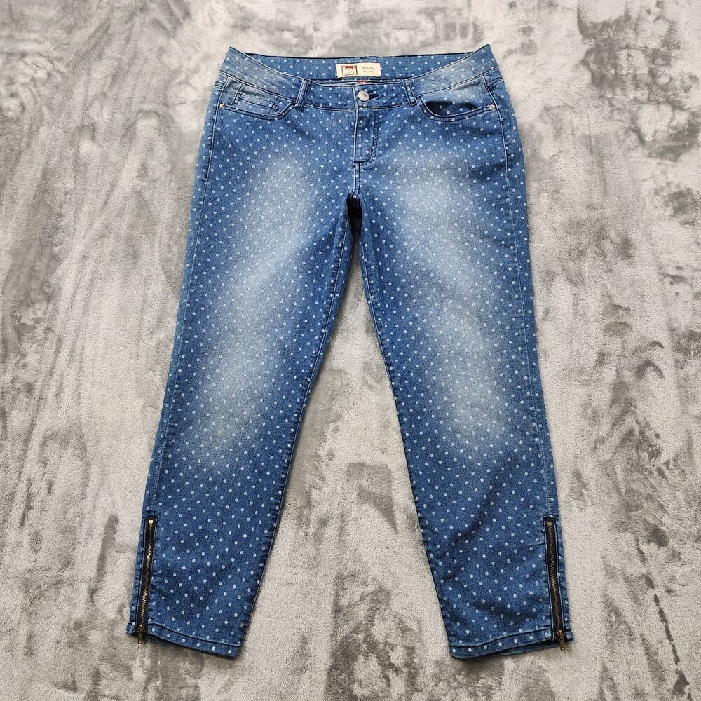 Vintage LEI Jeans Womens 15 Juniors Blue Polka Dot Low Rise Skinny Leg Zip Hem